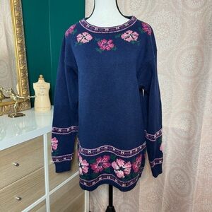 Acccordeon Vintage 90s Navy Knit Sweater Tunic Pink Floral Hibiscus Size Medium